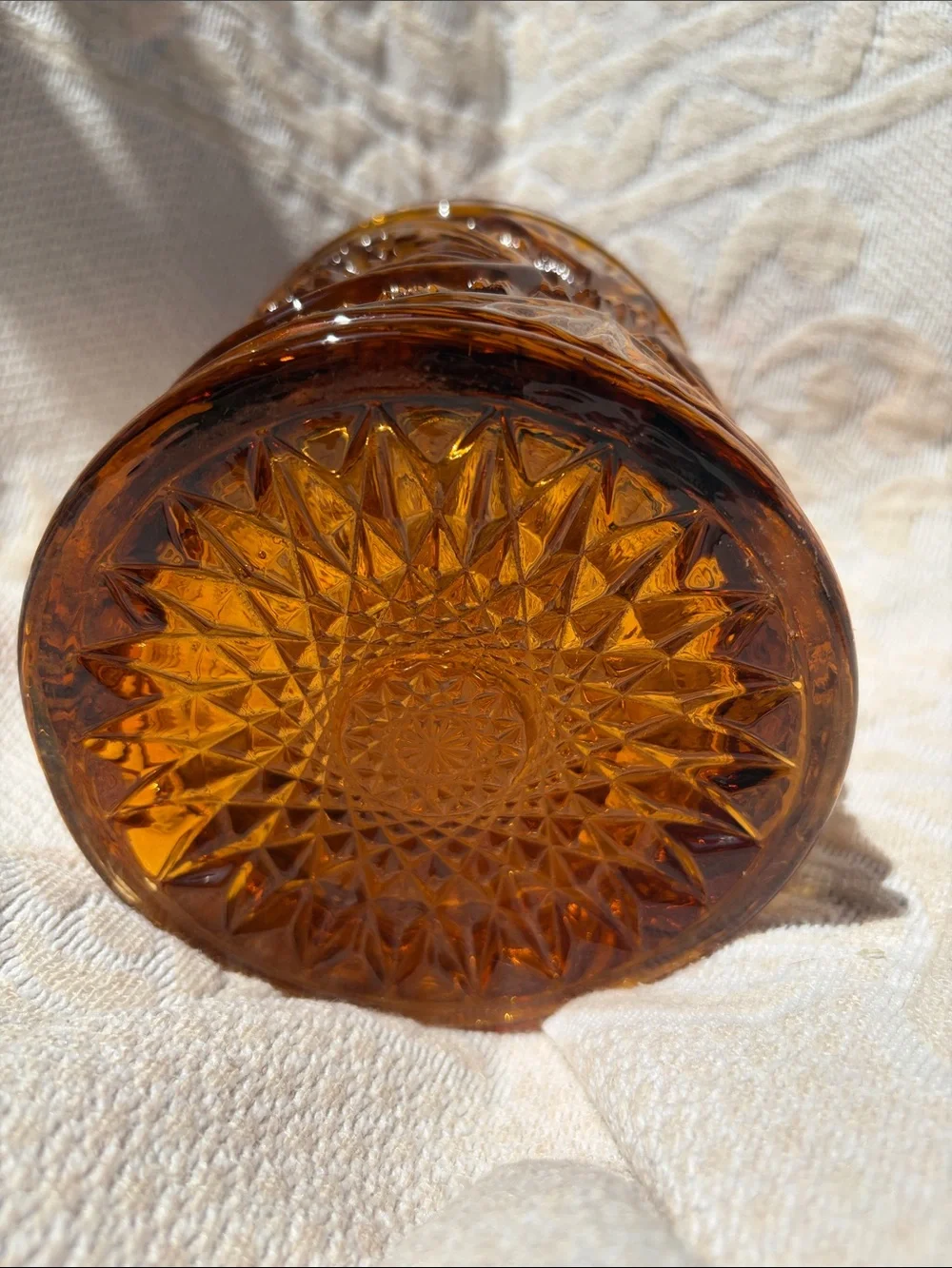 Vintage Amber Cut Glass Covered Jar - Vintage